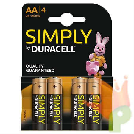 BATTERIE PILA DURACELL SIMPLY AA STILO 4 PZ BATTERIE 1,5 V