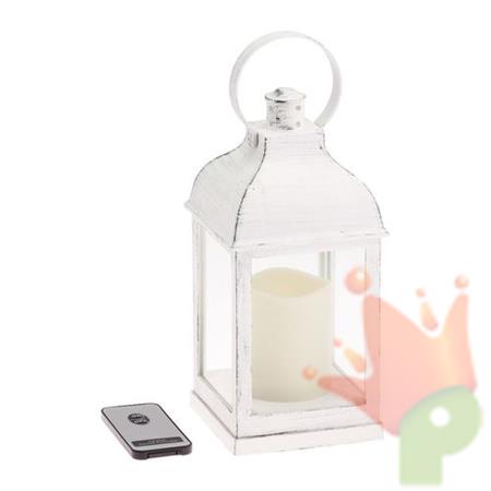 LANTERNA BIANCO ANTICO CON CANDELA WARM E TELECOMANDO H24X10X10