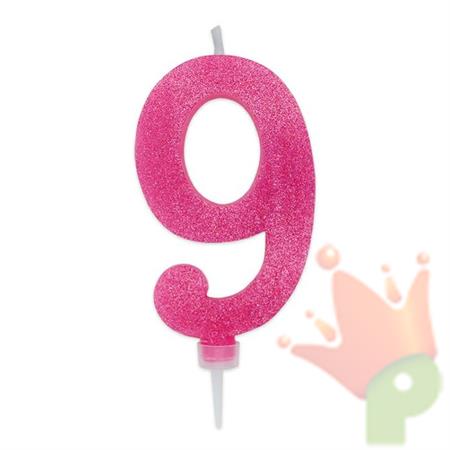 CANDELINA NUMERO 9 MAX DI CERA SWEETY FUCSIA GLITTER 15CM