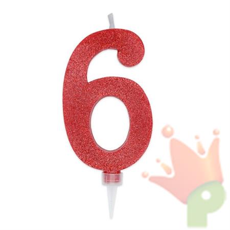 CANDELINA NUMERO 6 MAX DI CERA SWEETY ROSSO GLITTER 15CM