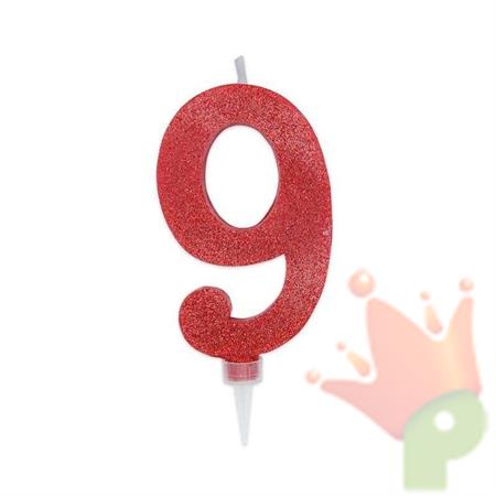 CANDELINA NUMERO 9 MAX DI CERA SWEETY ROSSO GLITTER 15CM