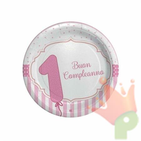 PIATTI 18CM BUON PRIMO COMPLEANNO ROSA 8PZ