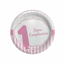 PIATTI 18CM BUON PRIMO COMPLEANNO ROSA 8PZ