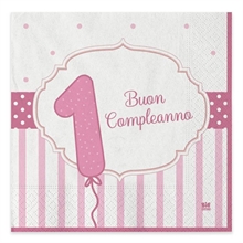 TOVAGLIOLI 33X33 BUON PRIMO COMPLEANNO ROSA 20PZ