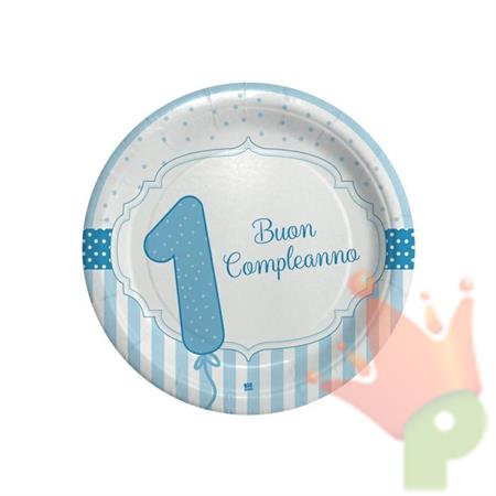 PIATTI 18CM BUON PRIMO COMPLEANNO CELESTE 8PZ