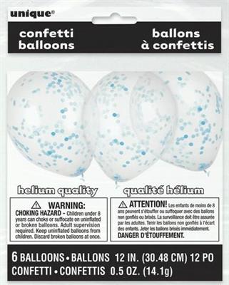 PALLONCINI 12INCH 30CM TRASPARENTI CORIANDOLI CELESTI 6PZ