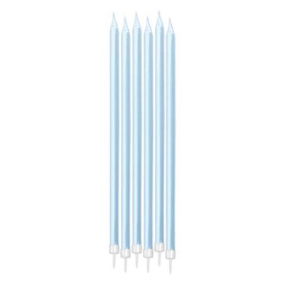 CANDELINE MATITE PERLATE CELESTE 15CM + SUPPORTO 6PZ