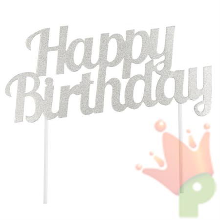 CAKE TOPPER SCRITTA HAPPY BIRTHDAY ARGENTO 15X17CM