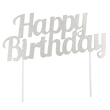 CAKE TOPPER SCRITTA HAPPY BIRTHDAY ARGENTO 15X17CM