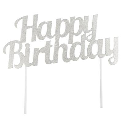 CAKE TOPPER SCRITTA HAPPY BIRTHDAY ARGENTO 15X17CM