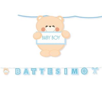 FESTONE KIT SCRITTA MAXI BATTESIMO TEDDY CELESTE 6MT