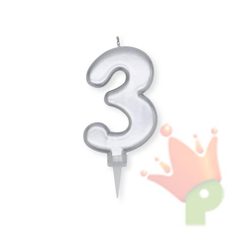 CANDELINA NUMERO 3 PLUMP ARGENTO METAL 10CM