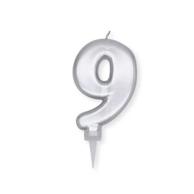 CANDELINA NUMERO 9 PLUMP ARGENTO METAL 10CM