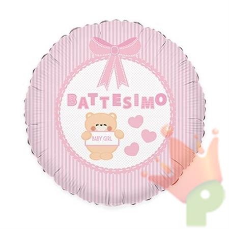 PALLONCINO MYLAR 9INCH 25CM BATTESIMO TEDDY ROSA 5PZ