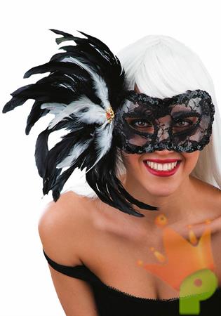 MASCHERA CON PIZZO NERO E PIUME