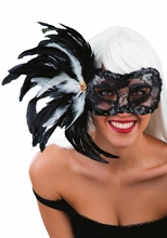 MASCHERA CON PIZZO NERO E PIUME