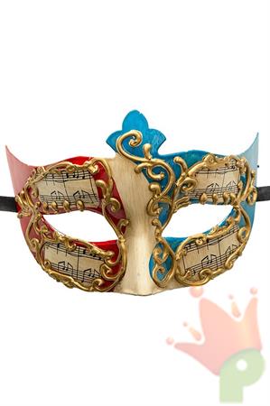 MASCHERA VENEZIANA CON DECORAZIONI MUSICALI ROSSO/AZZURRO