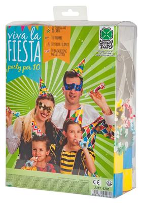 PARTY SET 10 MASCHERE 10 CAPPELLINI 10 MINISTELLE 10 TROMBETTE