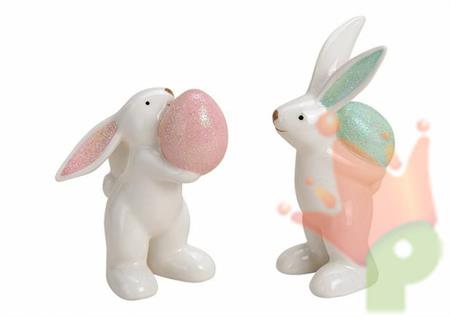 CONIGLIO IN CERAMICA CON UOVO BIANCO/ROSA 7X14X7CM