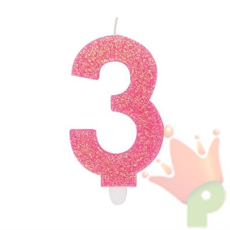 CANDELINA NUMERO 3 DI CERA SWEETY FUCSIA GLITTER 9CM