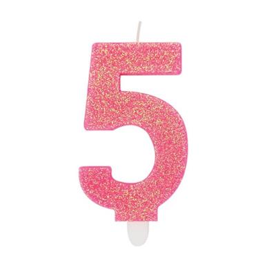 CANDELINA NUMERO 5 DI CERA SWEETY FUCSIA GLITTER 9CM