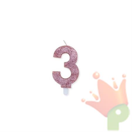 CANDELINA NUMERO 3 CERA SWEETY ROSE GOLD GLITTER 9CM