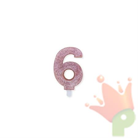 CANDELINA NUMERO 6 CERA SWEETY ROSE GOLD GLITTER 9CM
