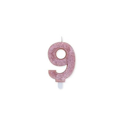 CANDELINA NUMERO 9 CERA SWEETY ROSE GOLD GLITTER 9CM