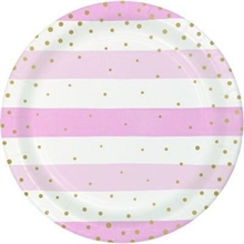 PIATTI 23CM RIGHE BIANCO E ROSA CON POIS ORO 8PZ