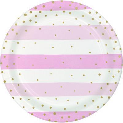 PIATTI 23CM RIGHE BIANCO E ROSA CON POIS ORO 8PZ