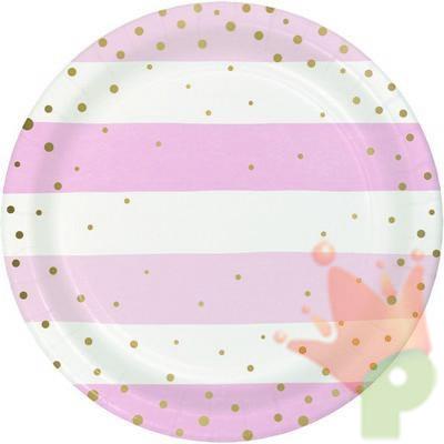 PIATTI 18CM RIGHE BIANCO E ROSA CON POIS ORO 8PZ