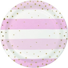 PIATTI 18CM RIGHE BIANCO E ROSA CON POIS ORO 8PZ