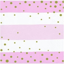 TOVAGLIOLI 25X25 2V RIGHE BIANCO E ROSA CON POIS ORO 16PZ