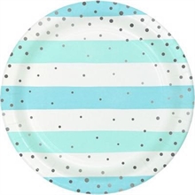 PIATTI 23CM RIGHE BIANCO E AZZURRO CON POIS ARGENTO 8PZ
