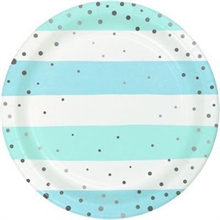 PIATTI 18CM RIGHE BIANCO E AZZURRO CON POIS ARGENTO 8PZ