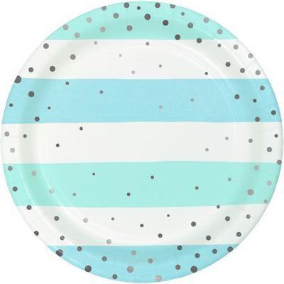PIATTI 18CM RIGHE BIANCO E AZZURRO CON POIS ARGENTO 8PZ