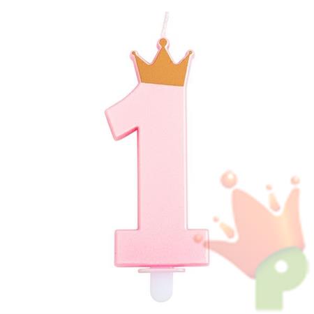 CANDELINA NUMERO 1 ROSA CON CORONA 9,5CM