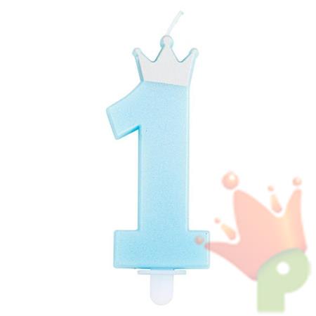 CANDELINA NUMERO 1 AZZURRO CON CORONA 9,5CM
