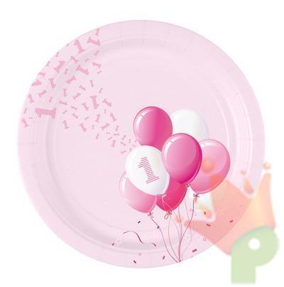 PIATTI 18CM 1 COMPLEANNO PALLONCINI ROSA 8PZ