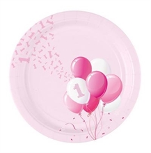 PIATTI 18CM 1 COMPLEANNO PALLONCINI ROSA 8PZ