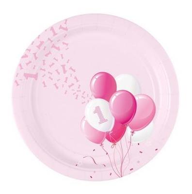 PIATTI 18CM 1 COMPLEANNO PALLONCINI ROSA 8PZ