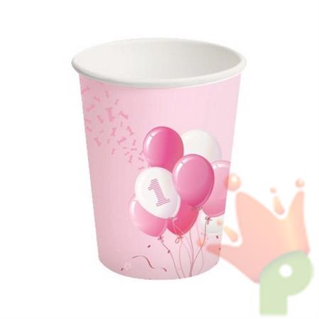 BICCHIERI CARTA 250ML 1 COMPLEANNO PALLONCINI ROSA 8PZ