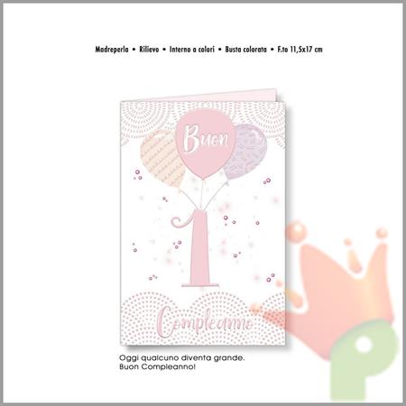 BIGLIETTO AUGURI 1° COMPLEANNO ROSA