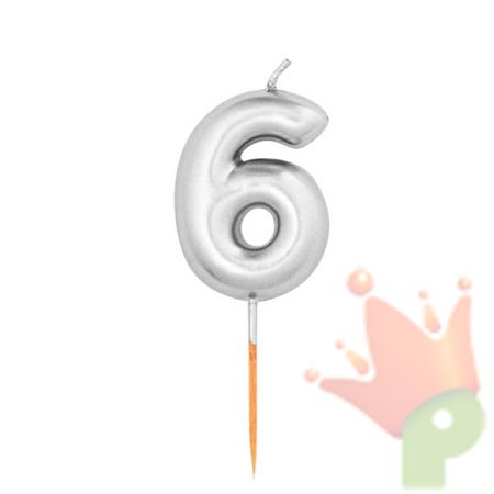 CANDELINA NUMERO 6 ARGENTO METAL 8CM CON PICK