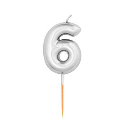 CANDELINA NUMERO 6 ARGENTO METAL 8CM CON PICK