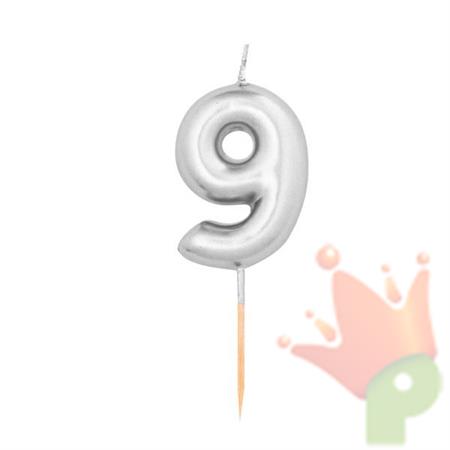 CANDELINA NUMERO 9 ARGENTO METAL 8CM CON PICK