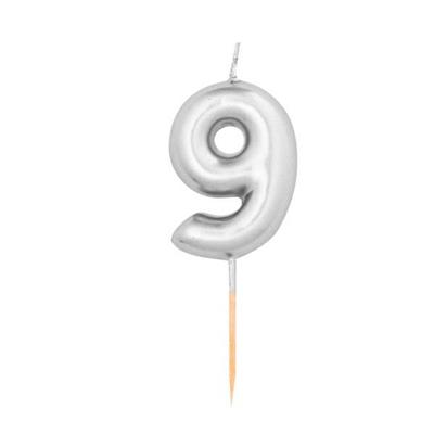 CANDELINA NUMERO 9 ARGENTO METAL 8CM CON PICK