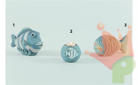 PORTA TEALIGHT TERRACOTTA AZZURRO CON PESCE 8,5X7,5CM N.2