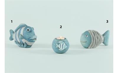 PORTA TEALIGHT TERRACOTTA AZZURRO CON PESCE 8,5X7,5CM N.2