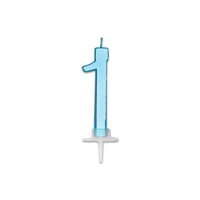 CANDELINA NUMERO 1 CELESTE METAL 7CM